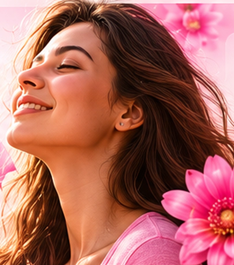 Fotografia ilustrativa de uma mulher sorrindo, com flores cor-de-rosa